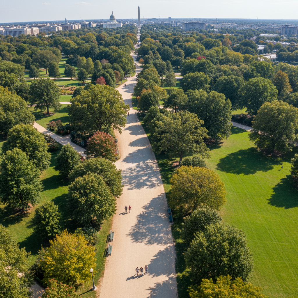 Aerial view of a peaceful walkway through green park in Washington D.C.