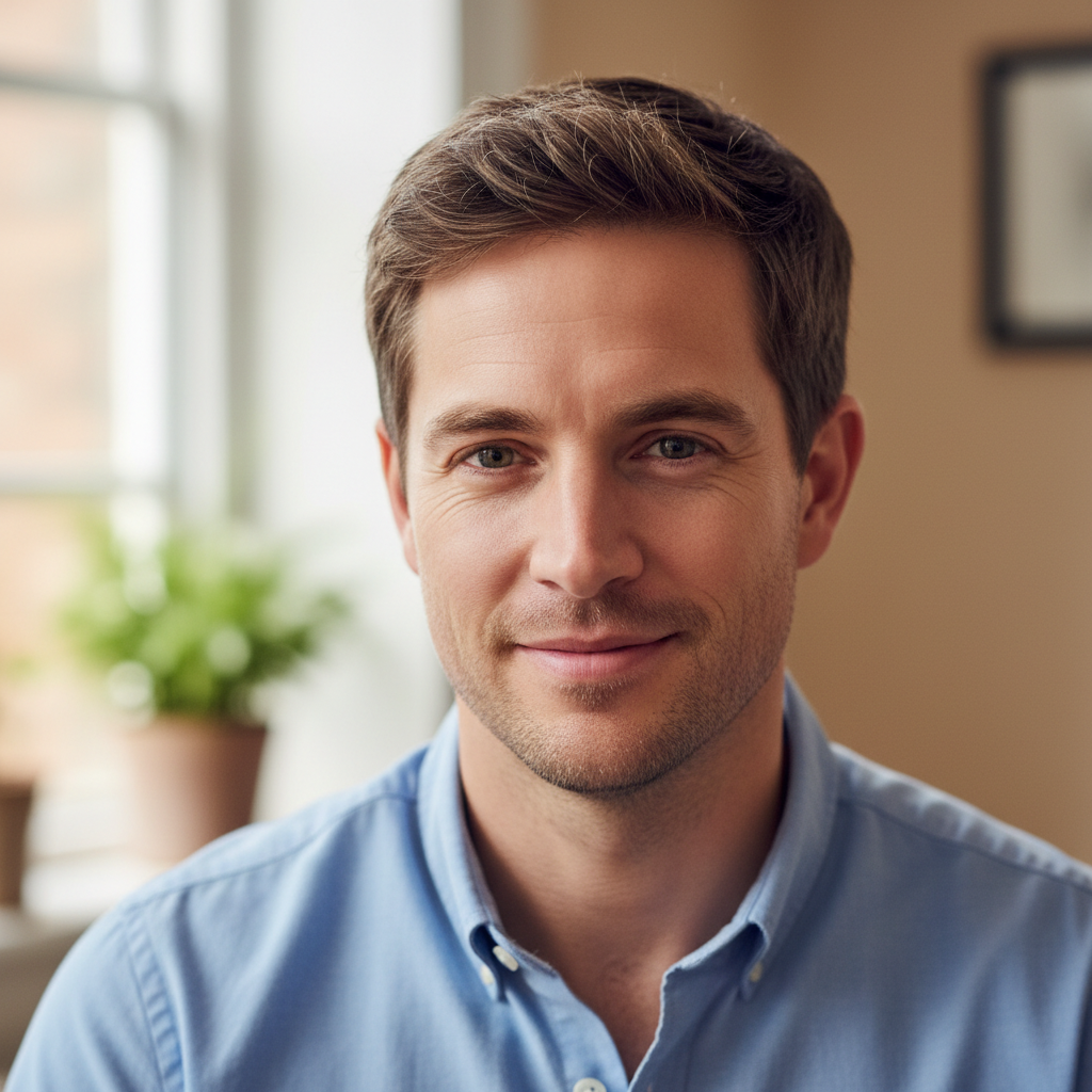 British man in his 30s with friendly expression in casual urban setting