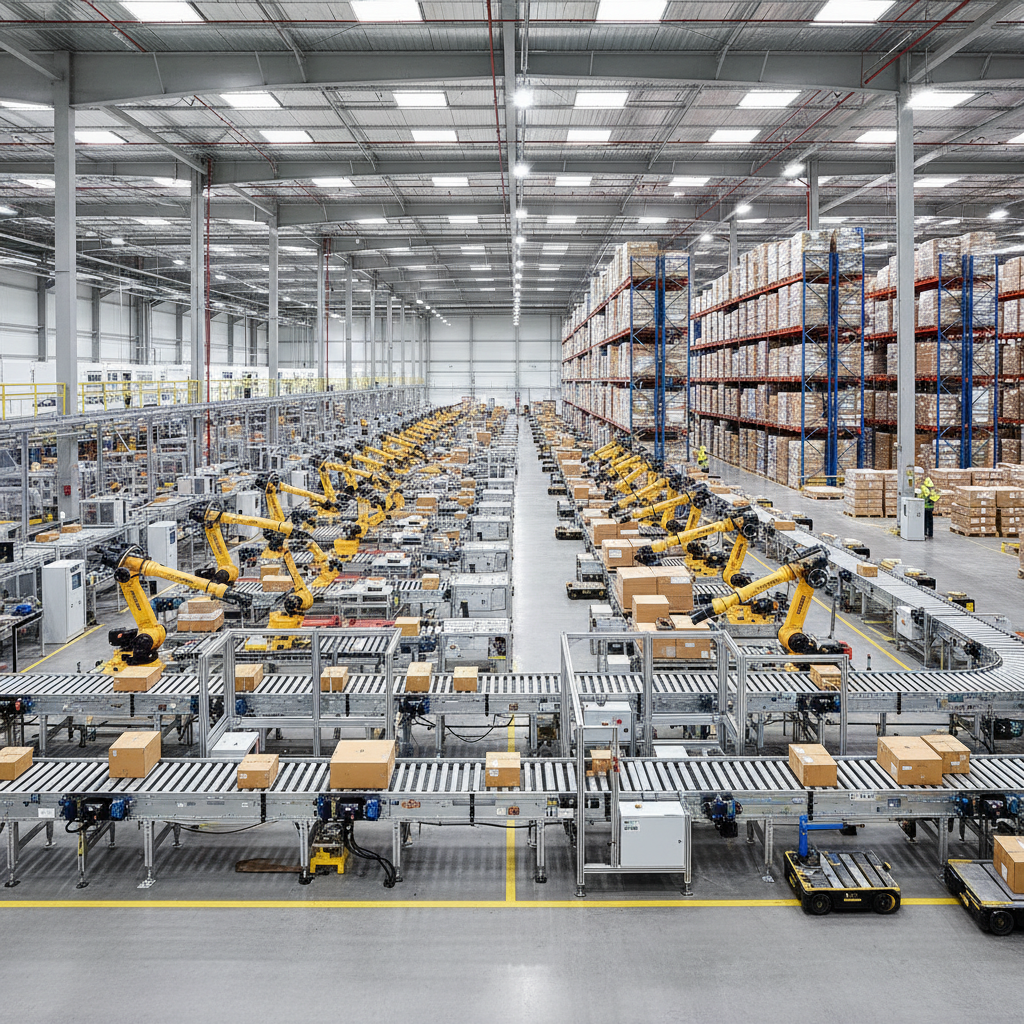 Large-scale logistics operations center with warehouse automation systems