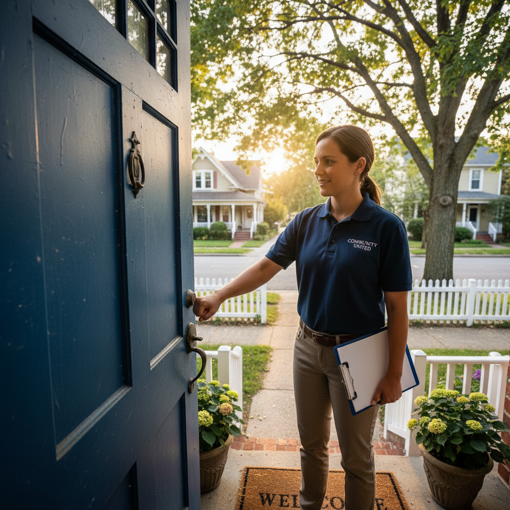 Organizer knocking on a front door in a residential neighborhood at golden hour
