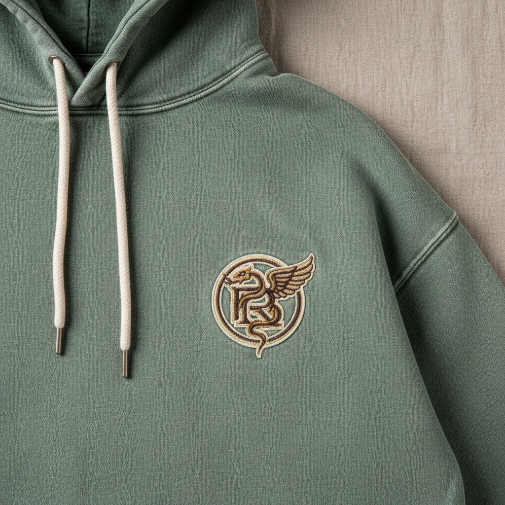 Forest green oversized hoodie with embroidered logo, premium fleece, streetwear aesthetic