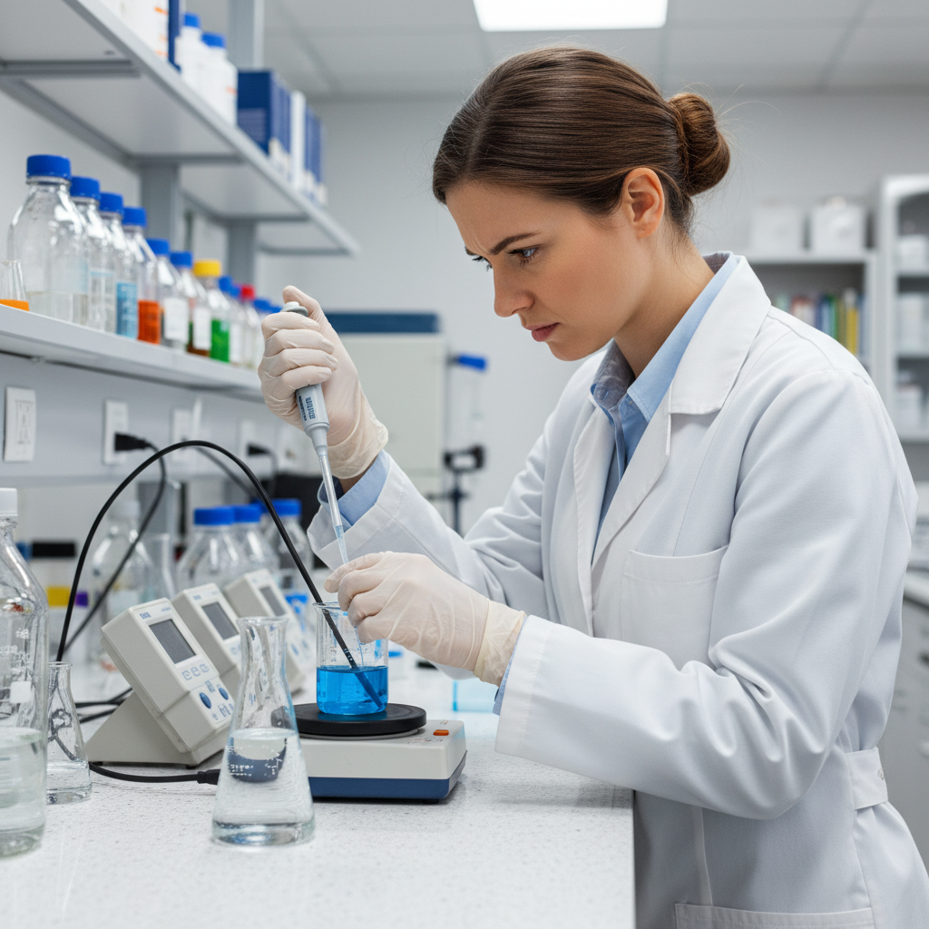 Dr. Priya Nair, water chemist in professional attire, laboratory setting with water testing equipment