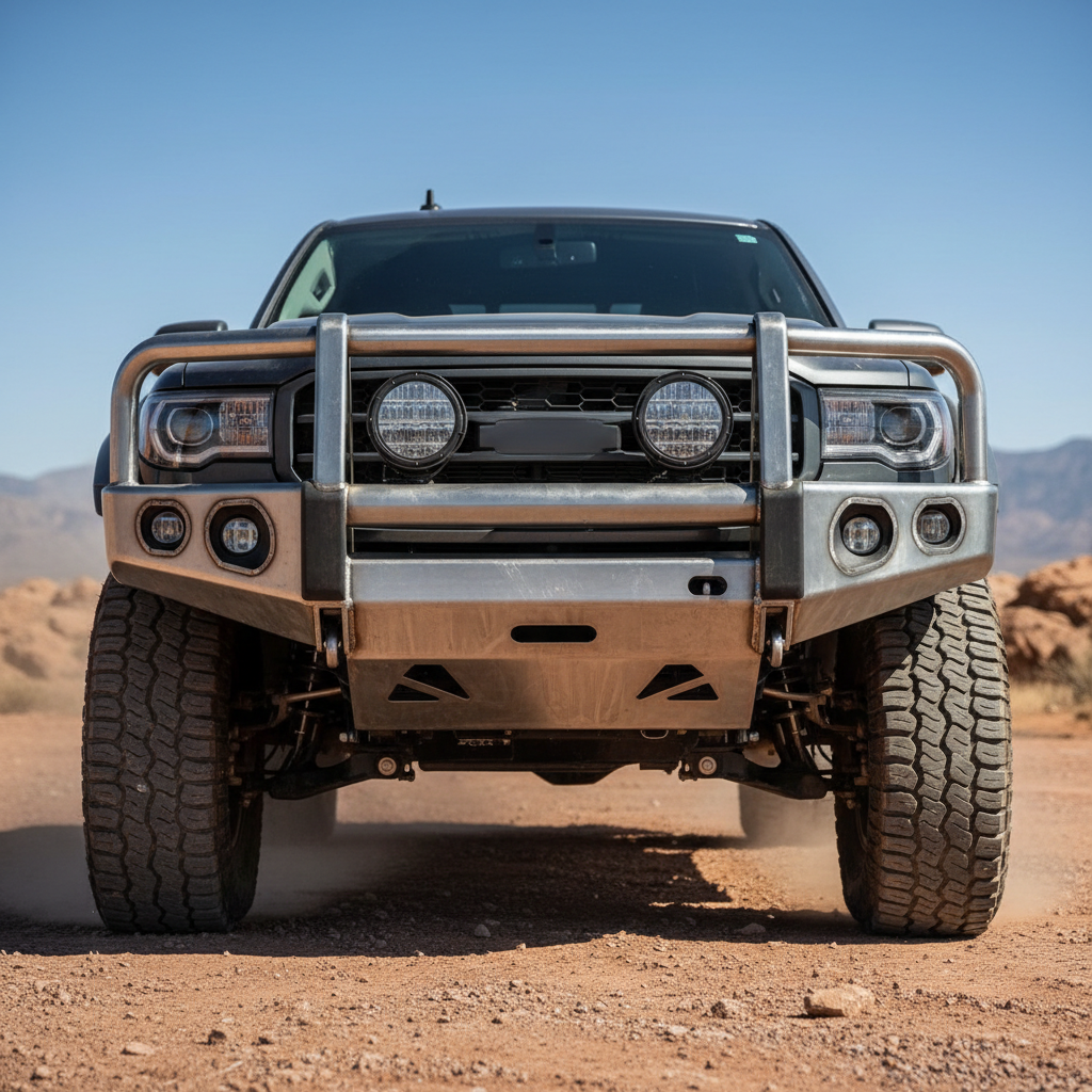 Heavy steel bull bar and skid plate protection on rugged off-road truck