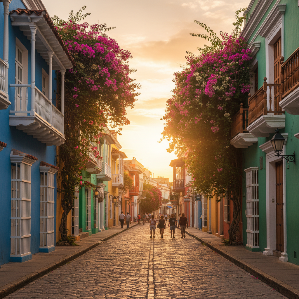 Colorful ceramic-decorated street in El Carmen de Viboral, Colombia, with vibrant mosaic tiles and colonial architecture bathed in warm afternoon light