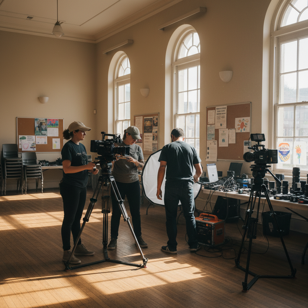 Film crew setting up camera equipment at community center for nonprofit documentary production