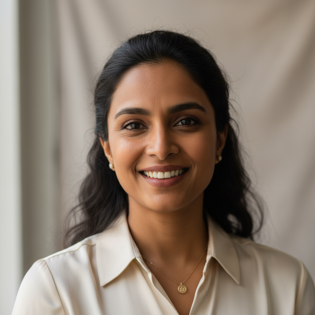 Professional Indian woman in business attire, warm smile, confident pose