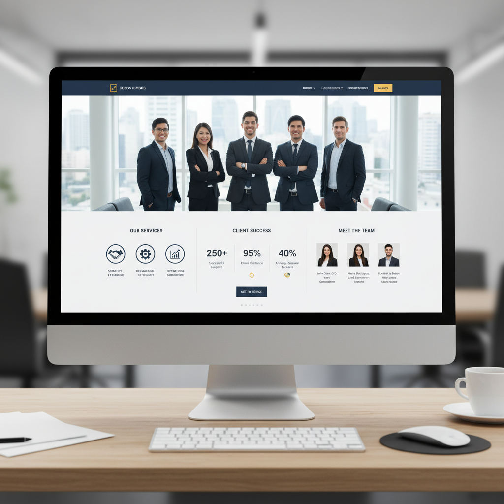 Corporate business website with professional layout showcasing company services and team information