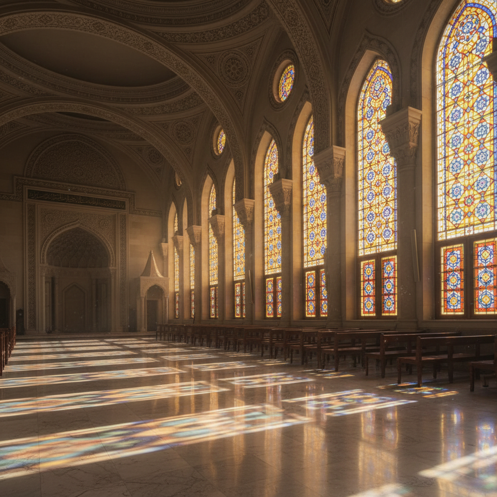 Empty prayer hall interior with arched windows, warm afternoon light falling across the floor