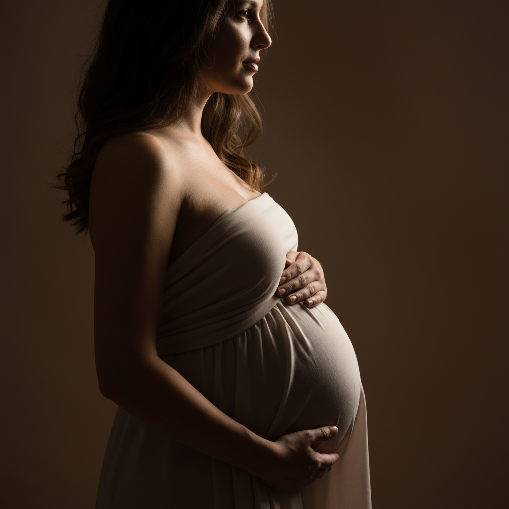 Expecting couple smiling together, bright warm studio lighting, intimate maternity portrait