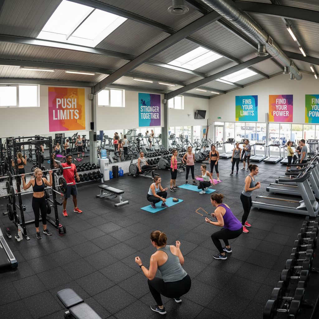 Spacious gym floor with modern equipment and motivational lighting