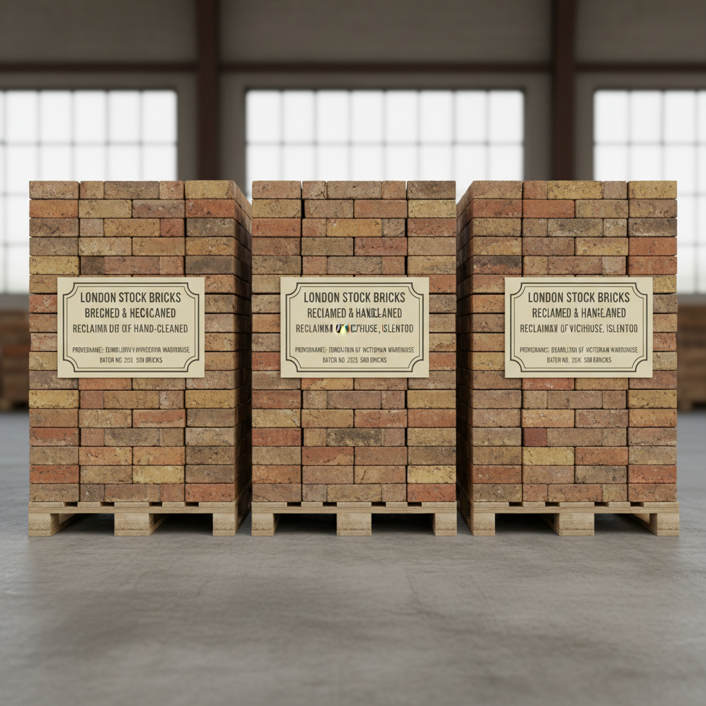 Neatly stacked pallets of cleaned reclaimed London stock bricks with provenance labels, ready for delivery