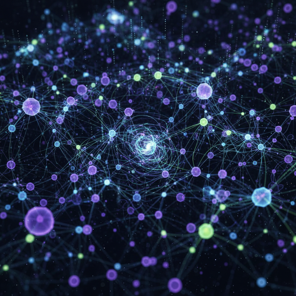 Abstract network security visualization with connection nodes on dark background
