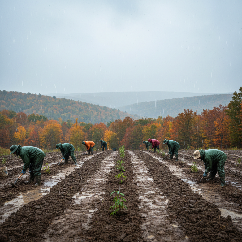 Field crew planting small saplings in rows on a hillside in autumn rain