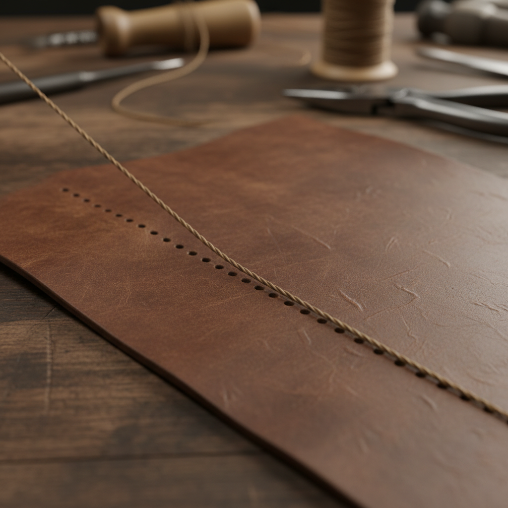 Thread being pulled taut through leather with awl holes visible