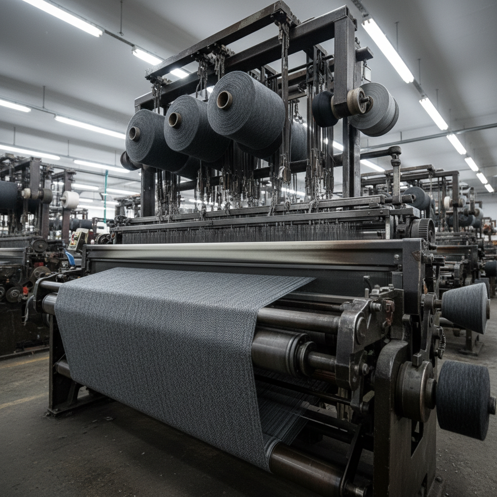Dark charcoal grey pure wool suiting fabric bolt with fine twill weave texture in a professional textile showroom in Bhilwara