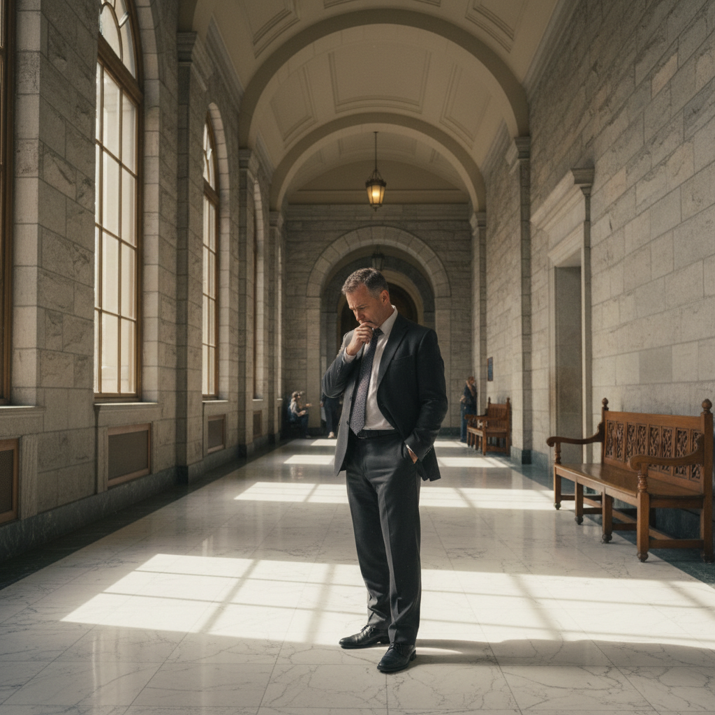 Defense attorney in courthouse hallway, contemplative