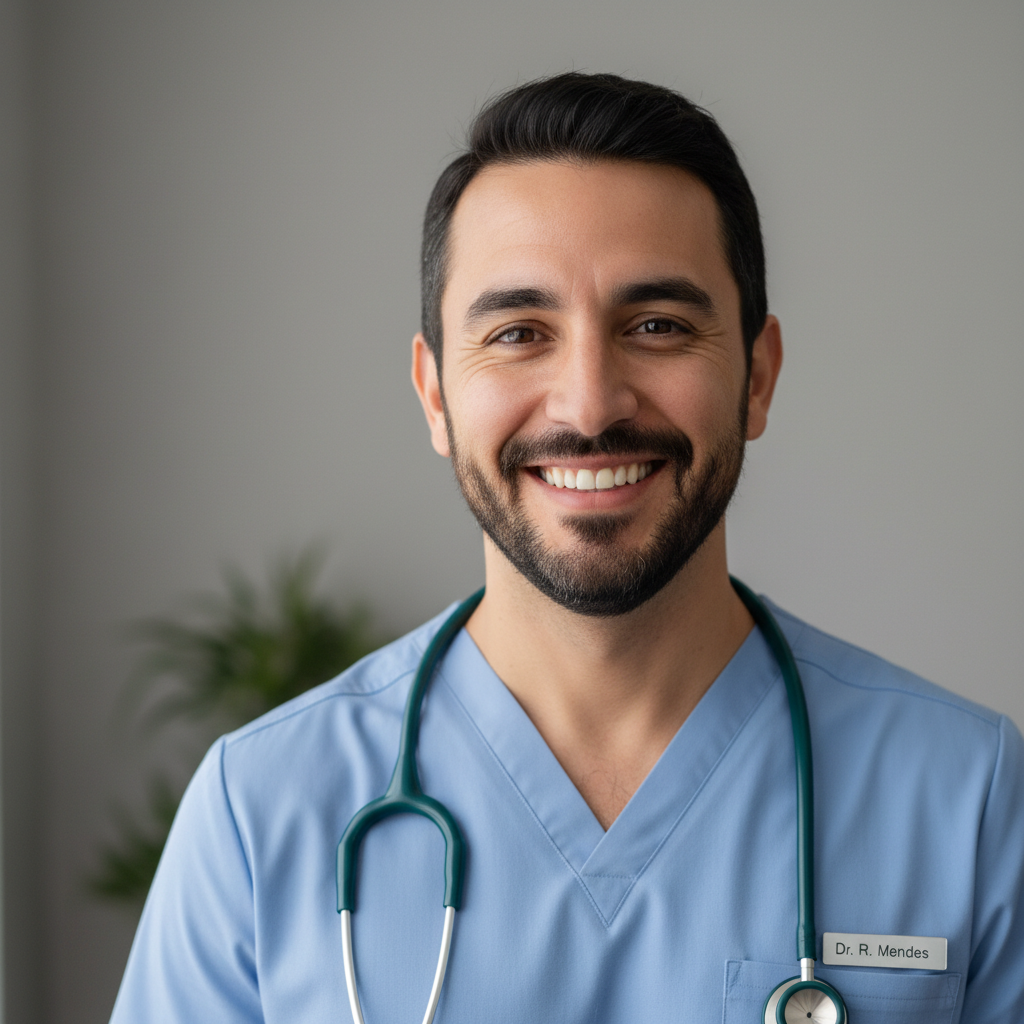 Filipino male veterinarian in scrubs smiling at camera