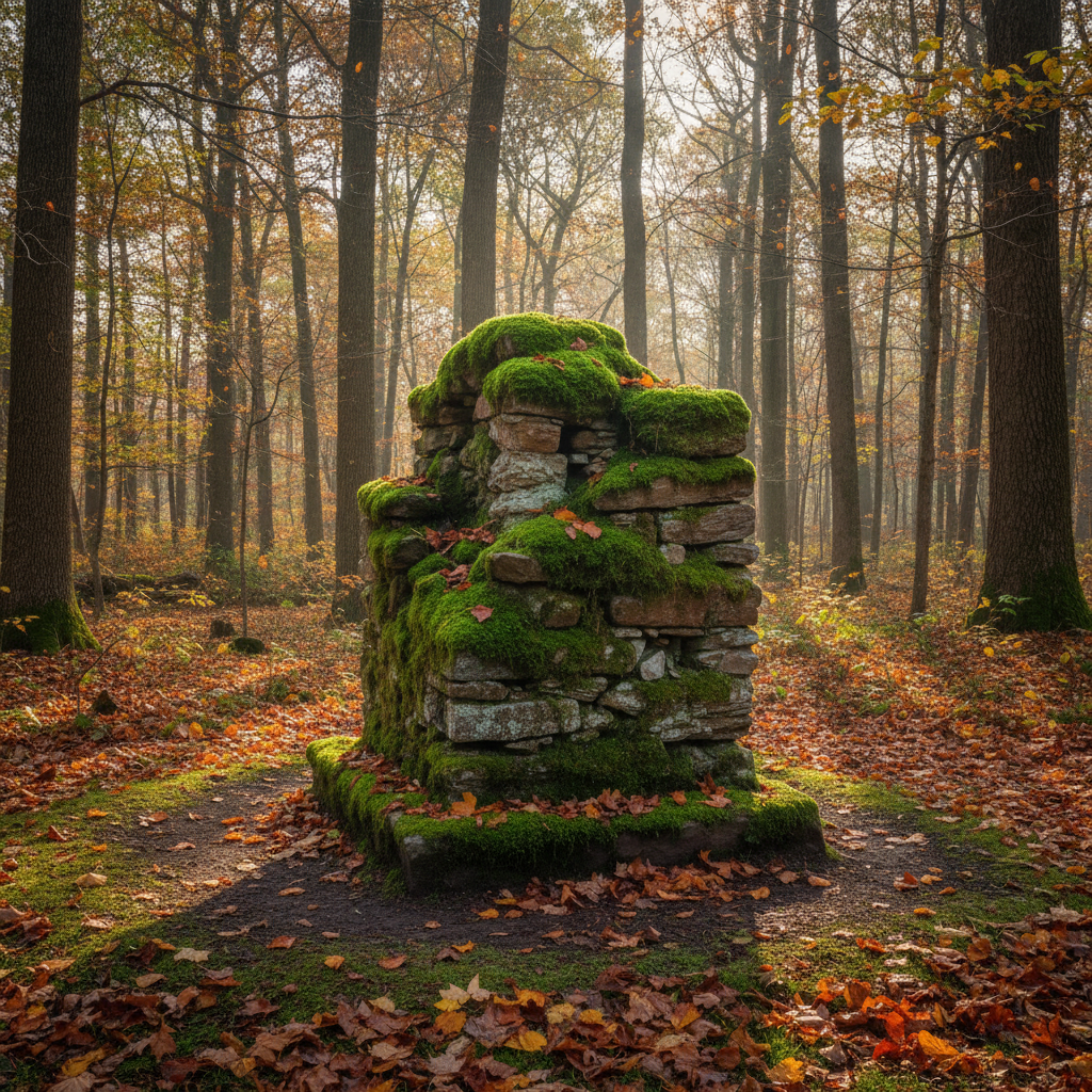 Weathered fieldstone memorial marker surrounded by moss and autumn leaves in dappled light