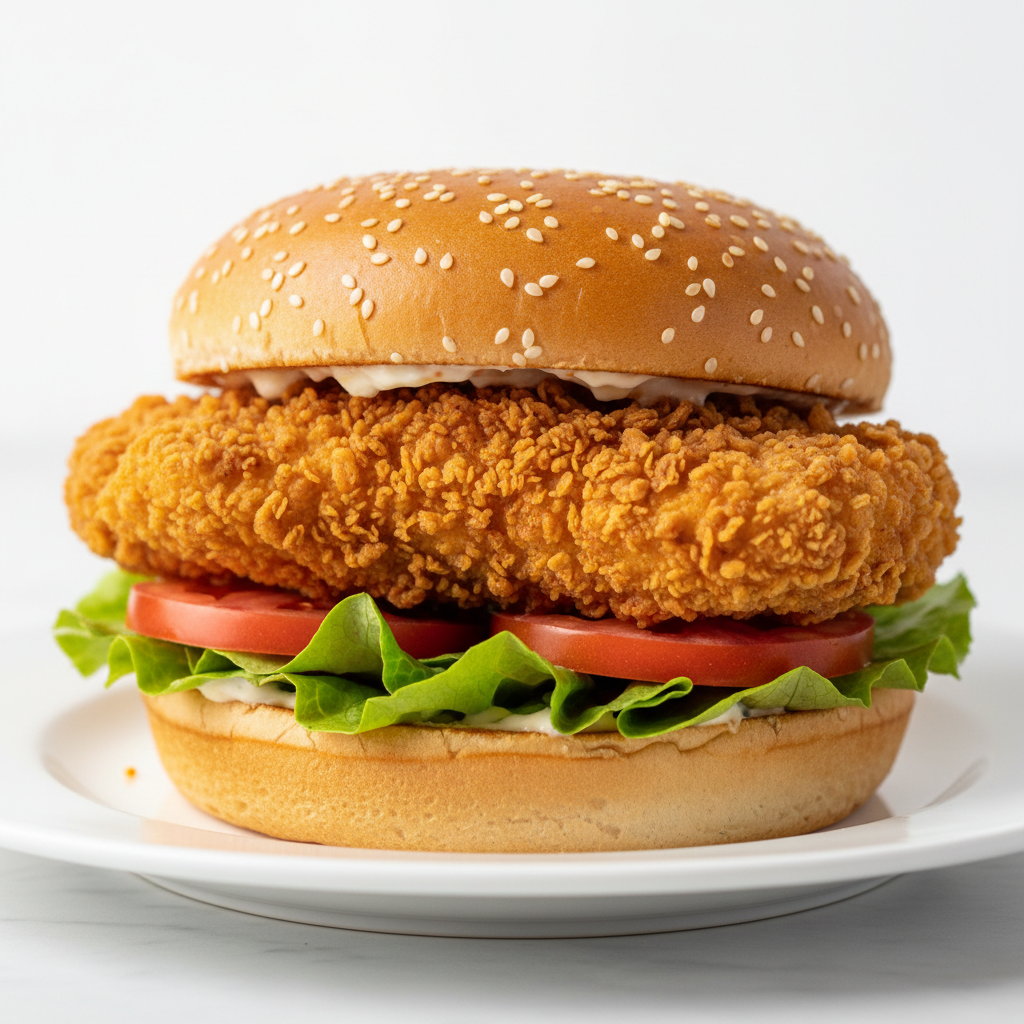 Hamburguesa Clásica Frisby: pollo apanado en pan de sésamo con lechuga tomate cebolla y mayonesa