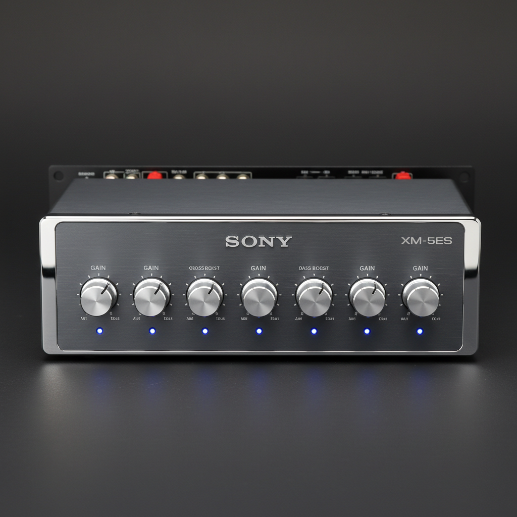 Black car audio speaker system with amplifier, dark studio background, professional product lighting