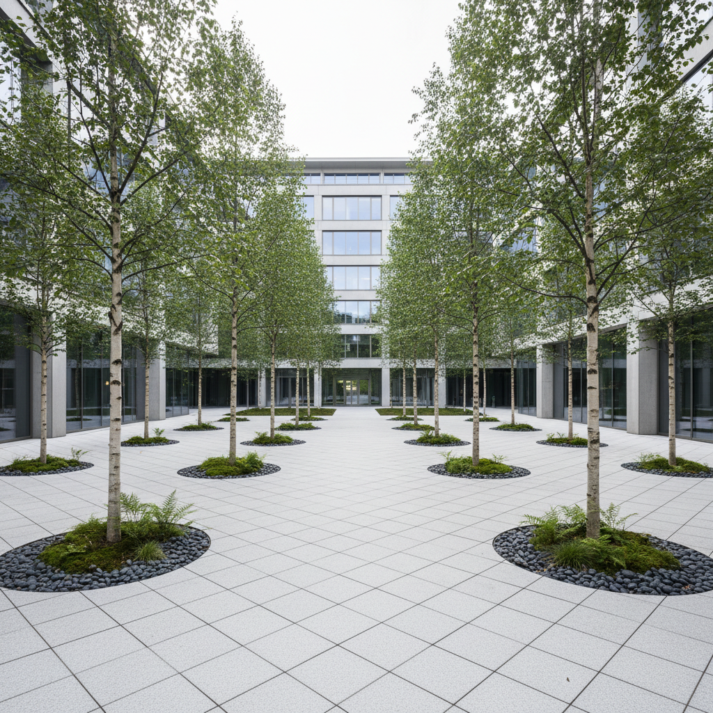Stockholm developer courtyard with precision-cut granite paving, specimen trees and minimal planting