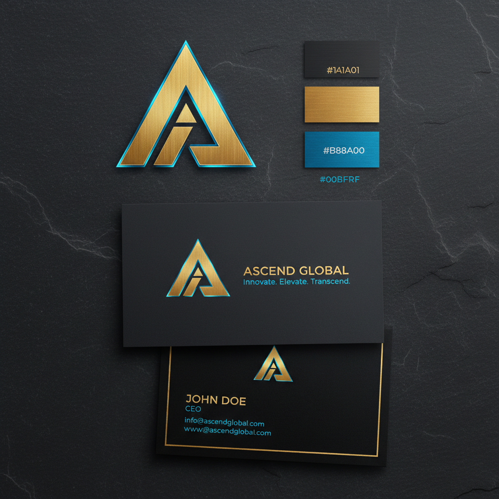 Brand identity design with logo, color palette, and business cards on dark background