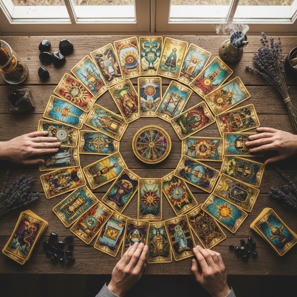 Tarot cards laid out on dark velvet cloth, candlelight illuminating the spread, deep shadows and warm amber tones