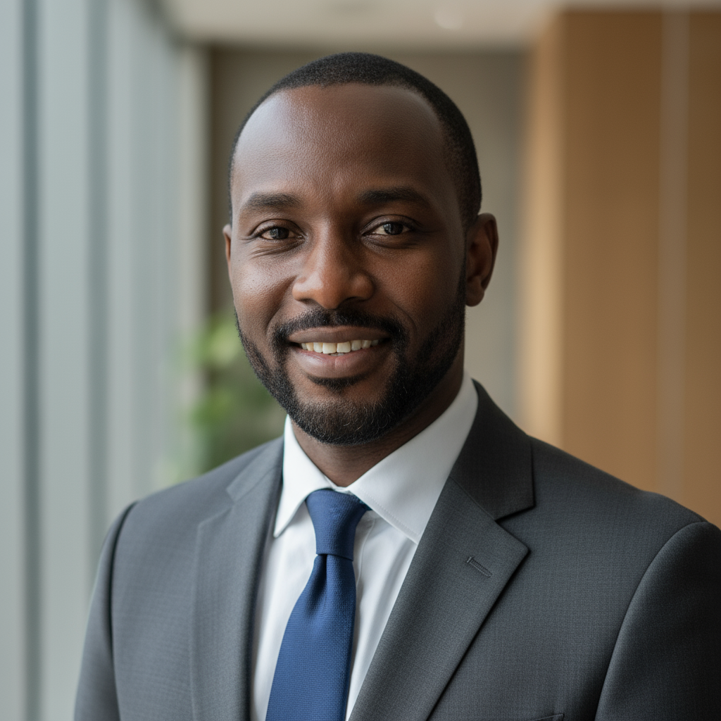Portrait professionnel homme africain costume sombre, directeur d'entreprise sénégalaise