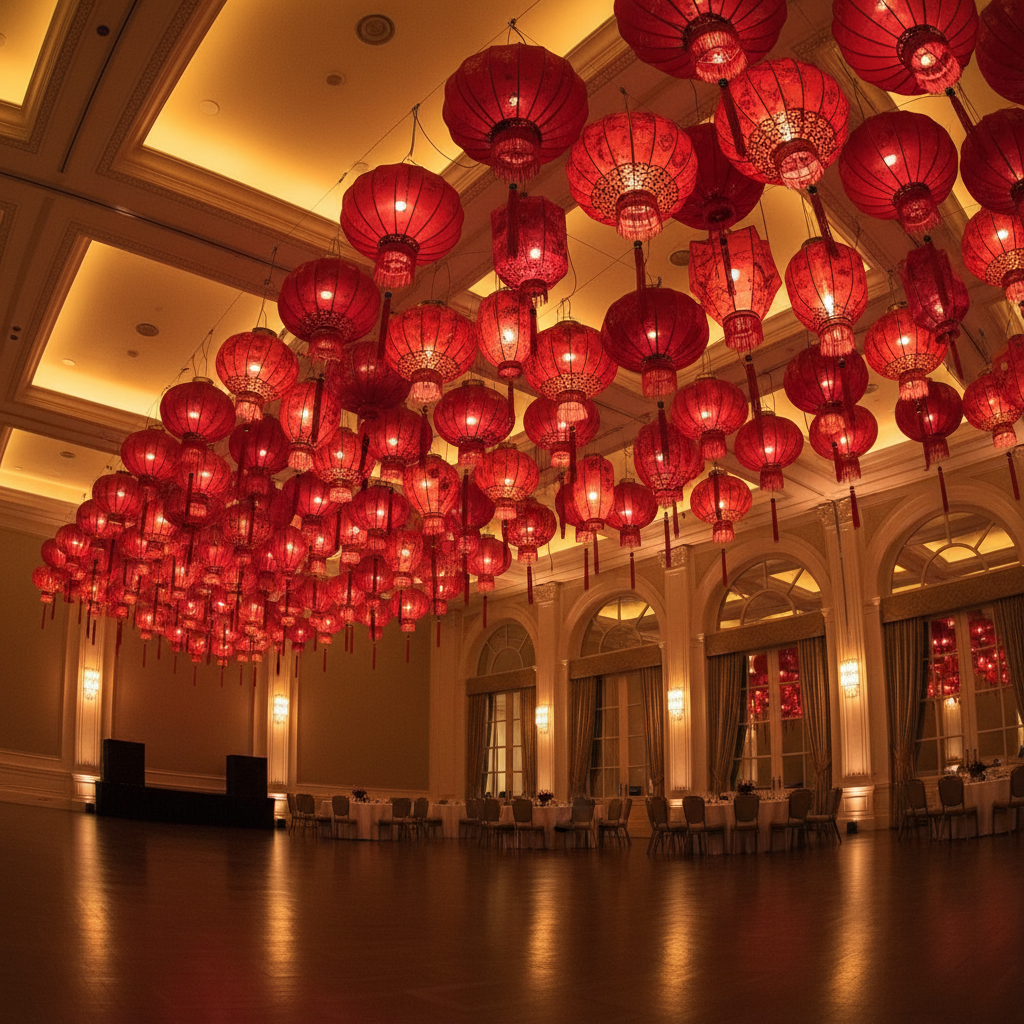 Custom red lantern installation cascading from ballroom ceiling in warm amber light