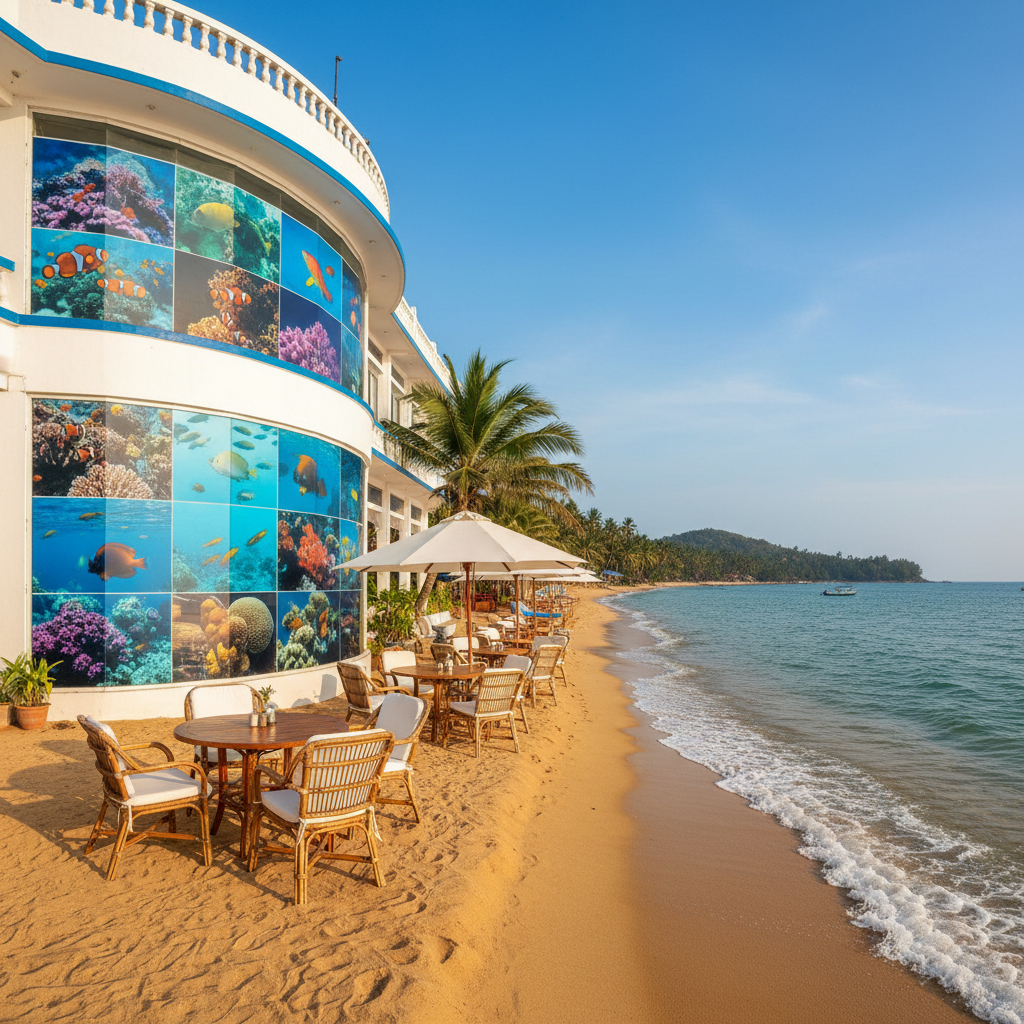 Tarkarli dive hotel with underwater photography display and beachside dining area