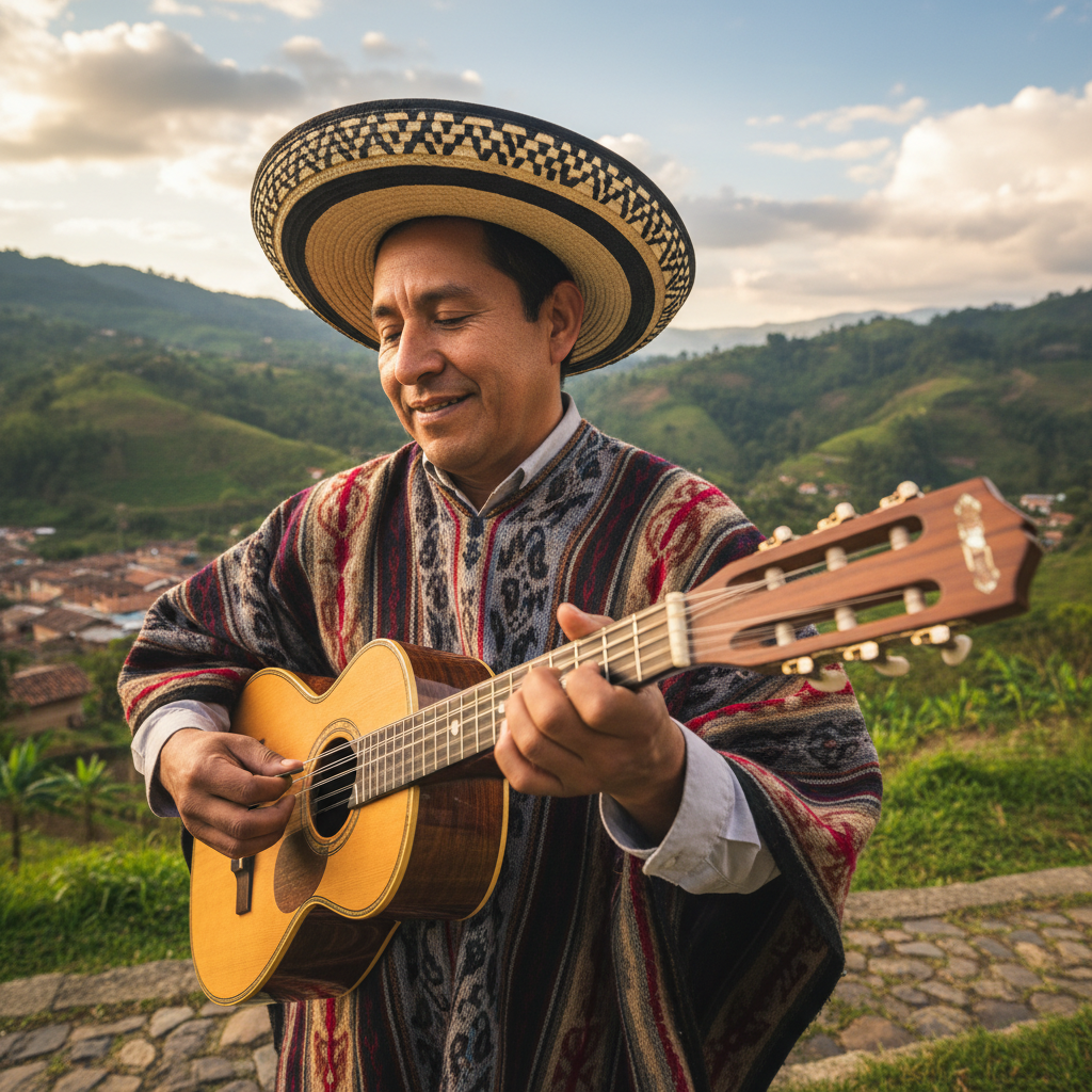 Músico folclórico colombiano tradicional tocando tiple en un pueblo de montaña, colinas andinas verdes, luz natural suave