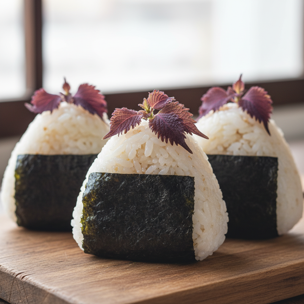 Triangle onigiri rice balls wrapped in dark nori with purple shiso leaves on a wooden board