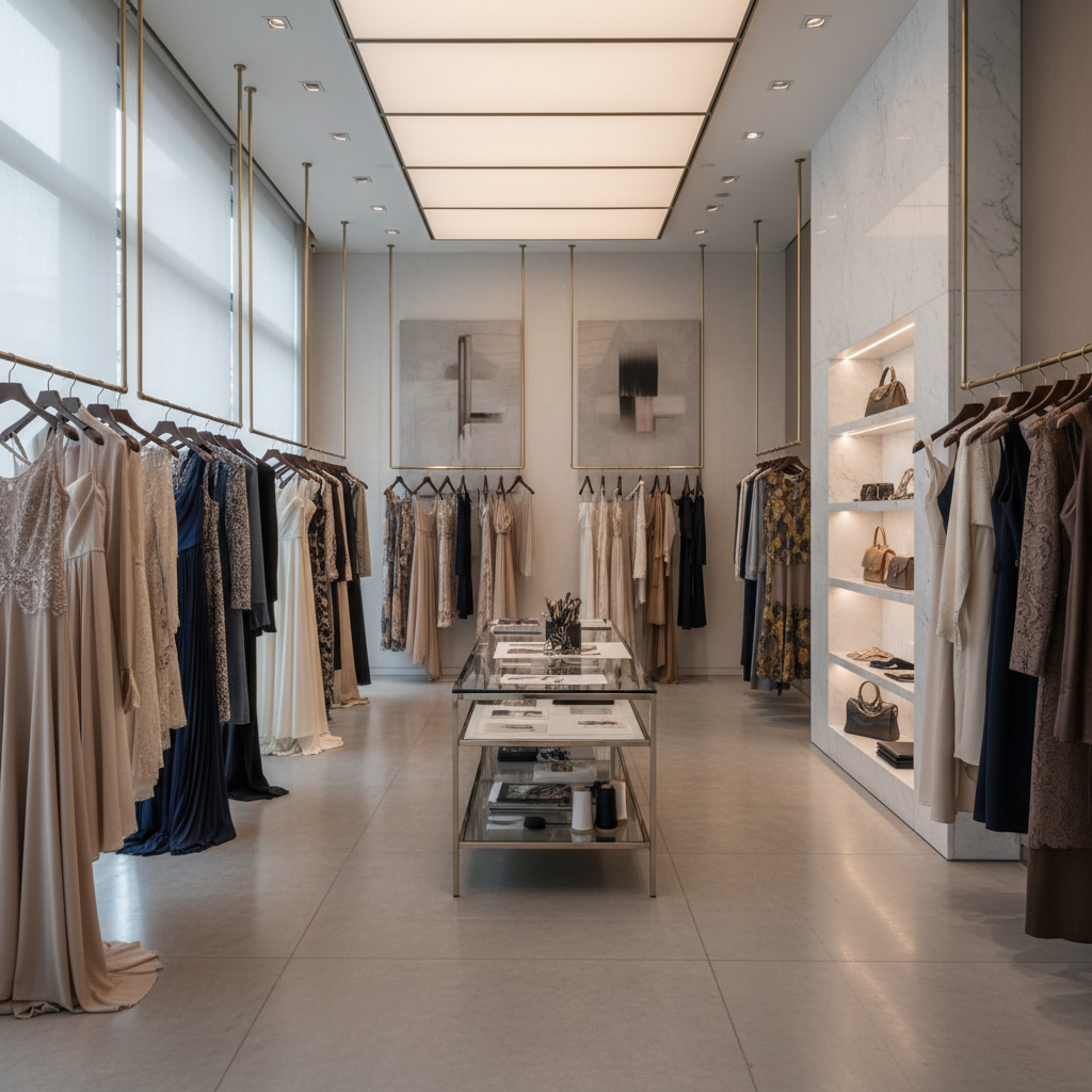 Luxury fashion atelier interior with garments on display, elegant lighting