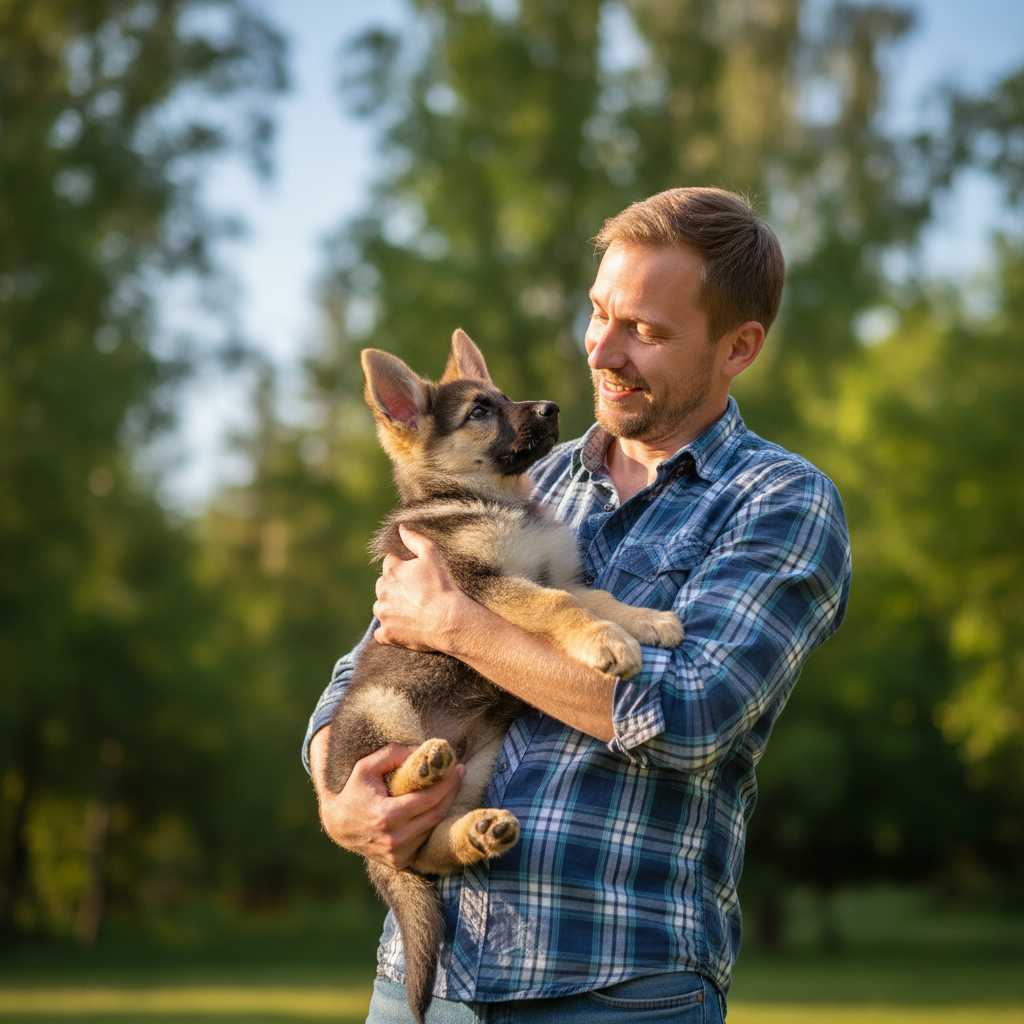 Dad holding German Shepherd puppy in one arm outdoors