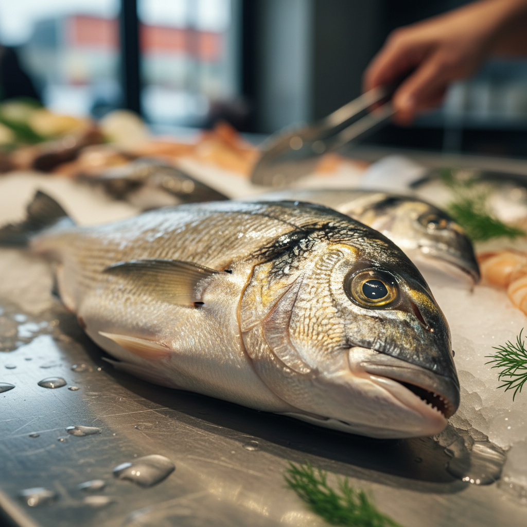 Fresh whole sea bream fish displayed on dark wet surface with silvery scales glistening