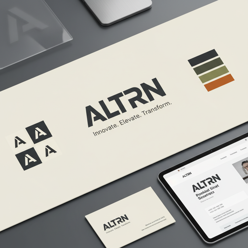 Brand identity design mockup with logo, business cards, and color palette on white background, professional presentation