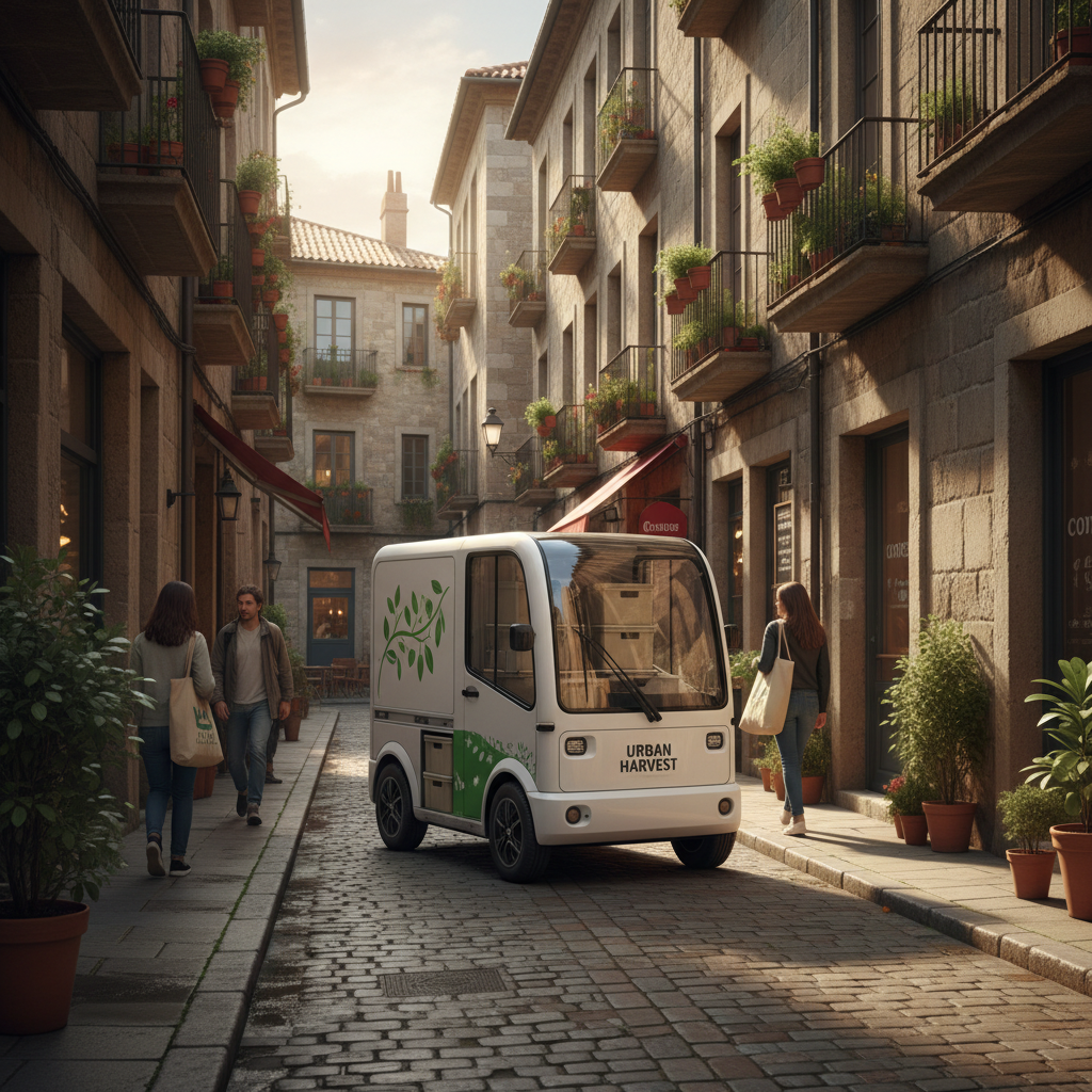 White electric delivery van on city street, urban daytime, clean modern vehicle, bright city backdrop