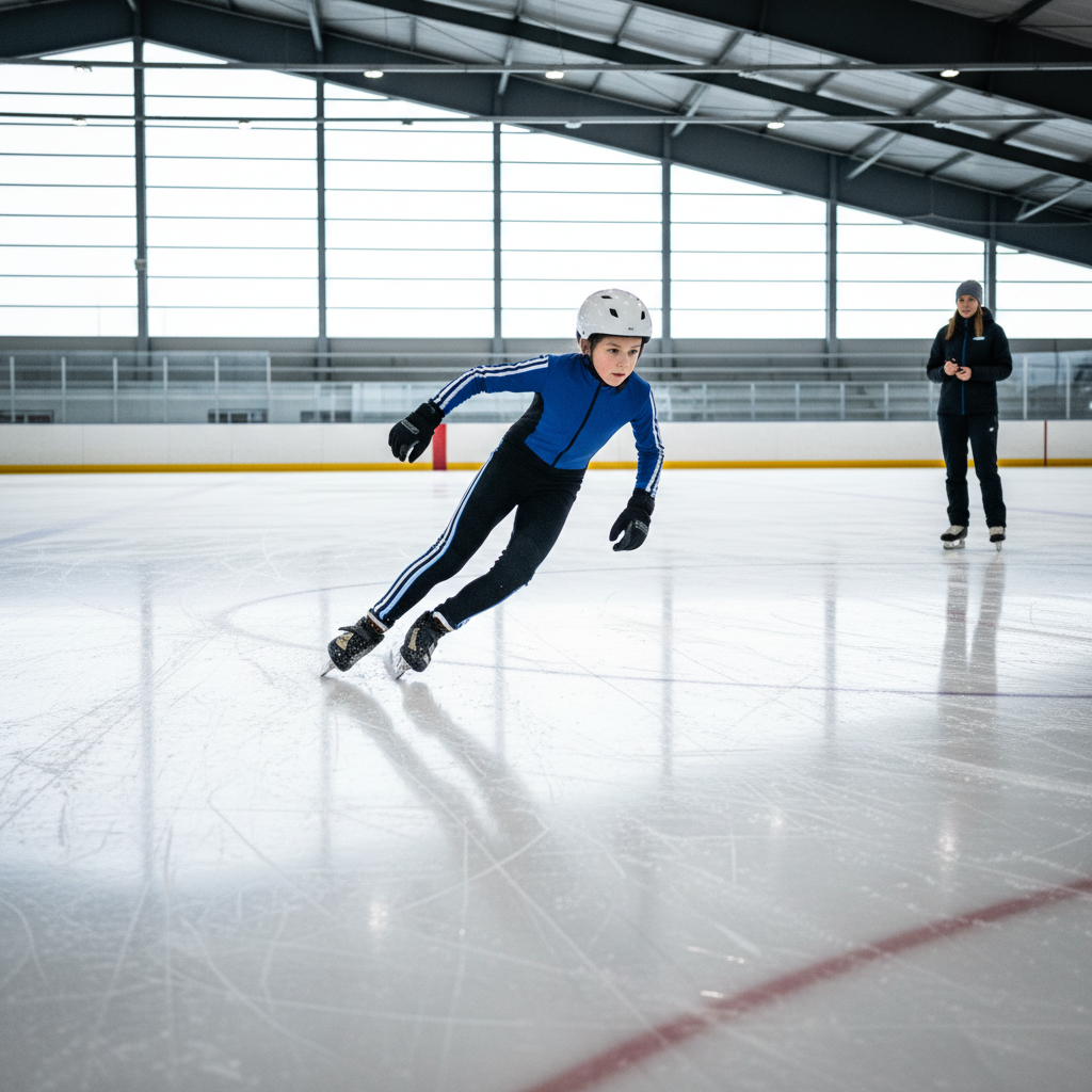 Junior skater drilling crossovers on the ice, coach watching with stopwatch