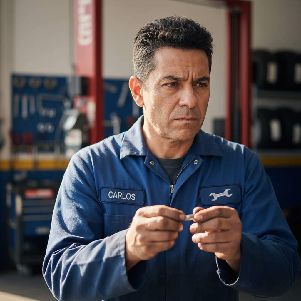 Hispanic man in late 40s with short dark hair, wearing mechanic shop uniform