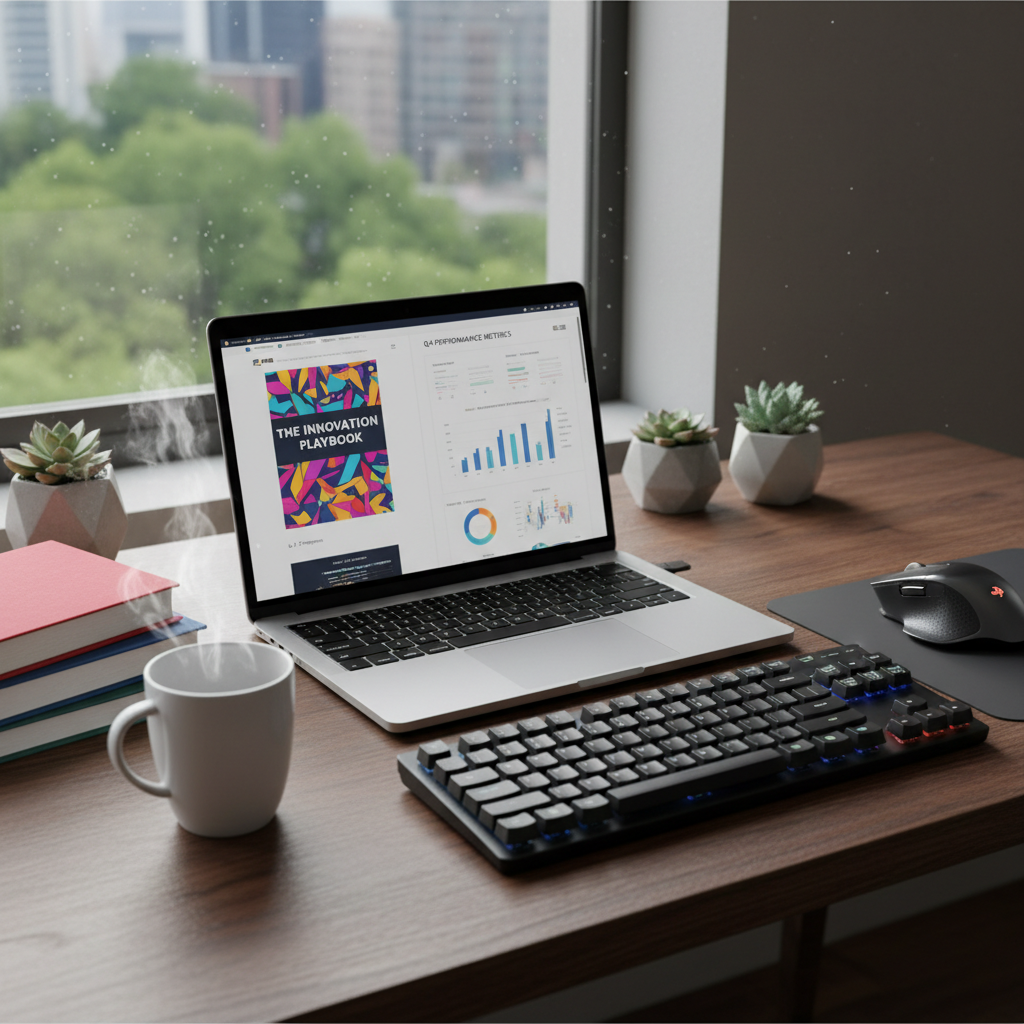 Analytics and ratings dashboard on laptop screen, bright airy office with natural light, white desk, clean modern workspace