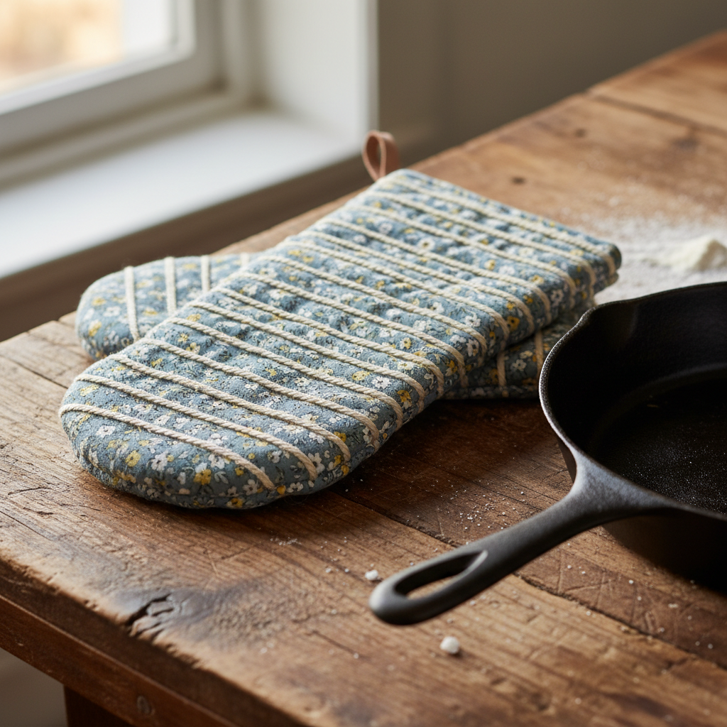 Handmade oven mitts on rustic wooden surface with cast iron pan