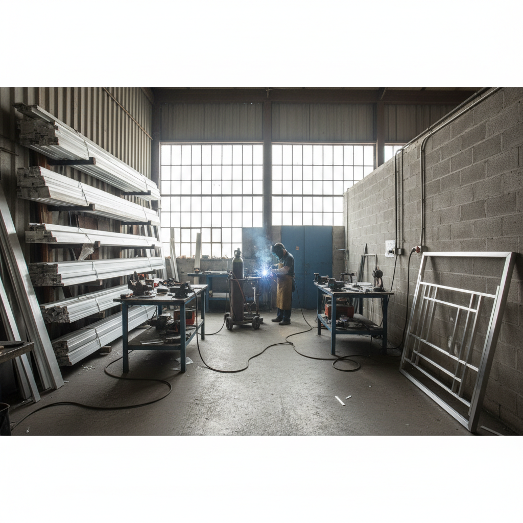 Industrial fabrication workshop interior with bright overhead lighting, workers in safety gear, clean organized workspace, steel structures in background