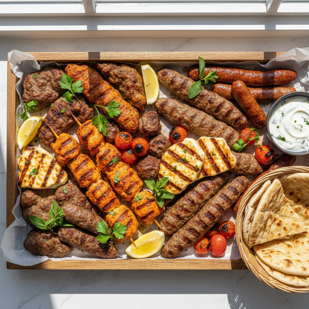 Mixed grill tray with assorted kebabs chicken and kofte on a large platter