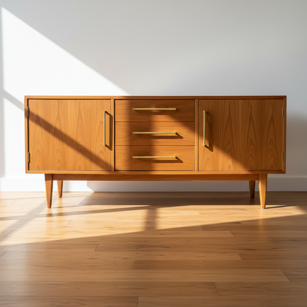 Mid-century modern teak credenza with tapered legs and brass hardware in a sunlit room