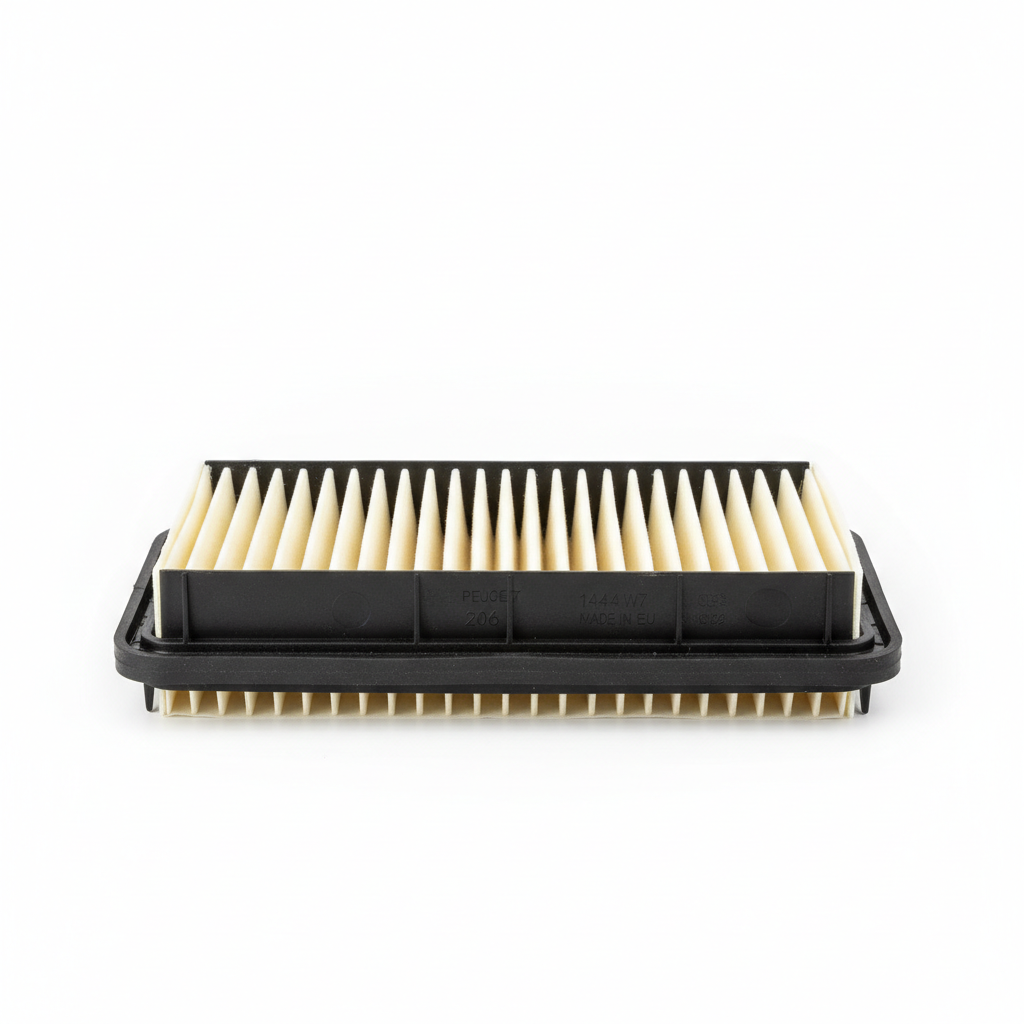 White rectangular car air filter element on a clean workshop bench under bright lighting