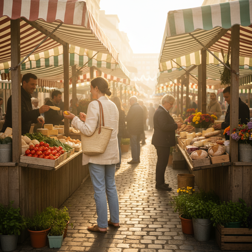 Woman in cream linen blazer at a farmers market, morning light filtering through canvas awnings