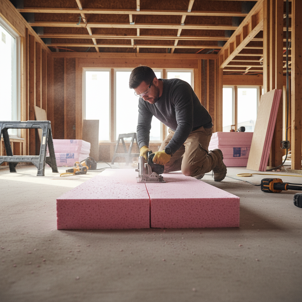 Contractor precisely cutting rigid foam insulation board with a circular saw on a job site