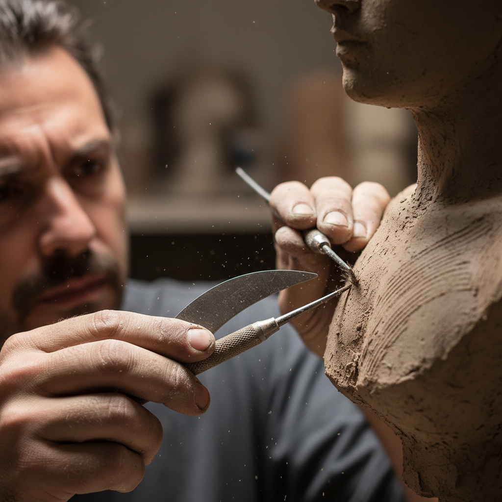 Sculptor refining surface texture with metal tools