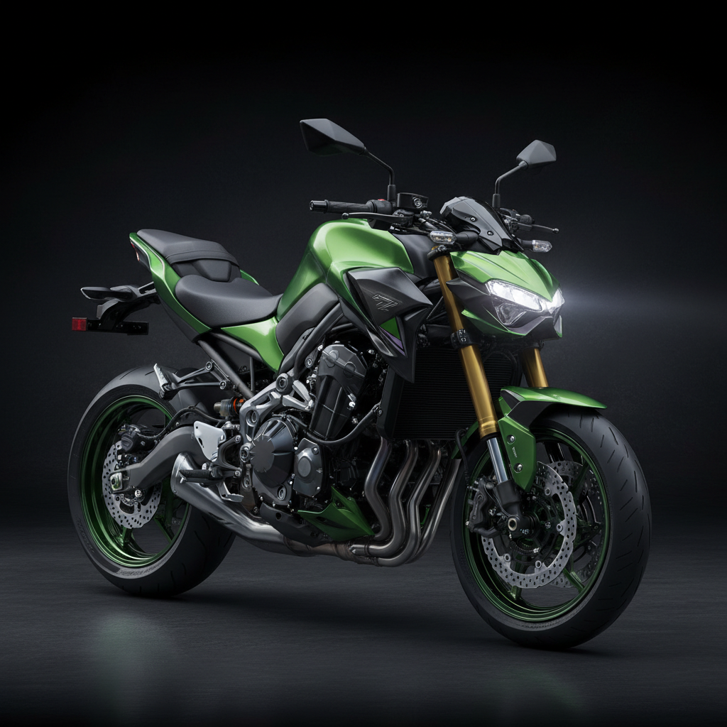 Kawasaki Z900 naked agresiva con diseño Sugomi en ambiente oscuro
