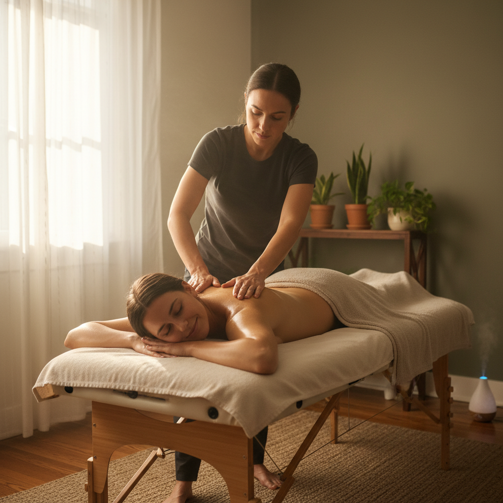 Masseuse professionnelle effectuant un massage relaxant sur une table de soin